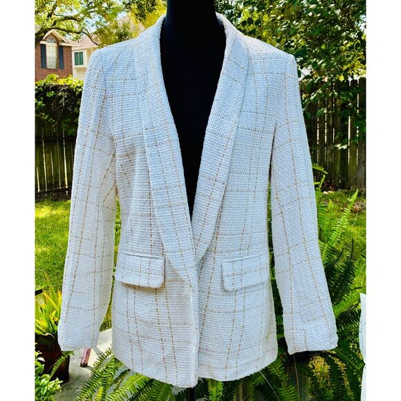 Woman’s SHEIN SZ L White Gold Frenchy Plaid Shawl Collar Open Front Blazer - Picture 2 of 8